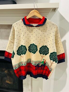 Vintage Novelty Knit Landscape Car Sweater - Plaid Mock Neck Pullover